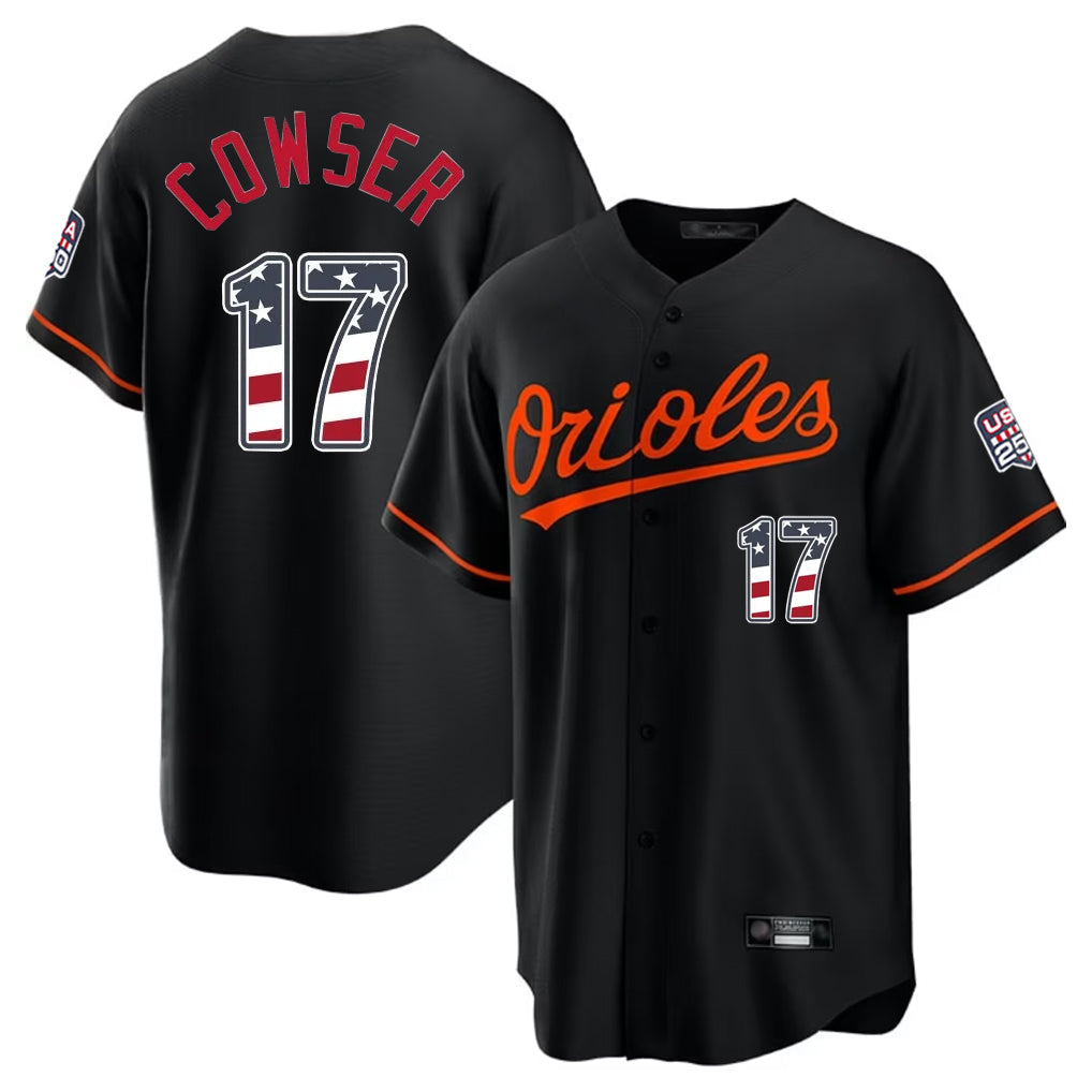 Odoa B.Orioles #17 Colton Cowser Player Black USA 250 Fourth of July Home Game Stitched Jerseys