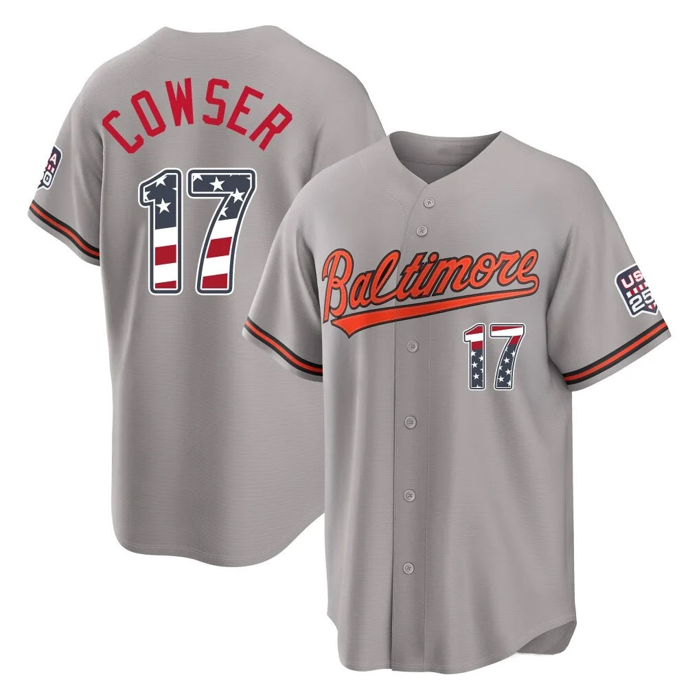 Odoa B.Orioles #17 Colton Cowser Player Gray USA 250 Fourth of July Home Game Stitched Jerseys
