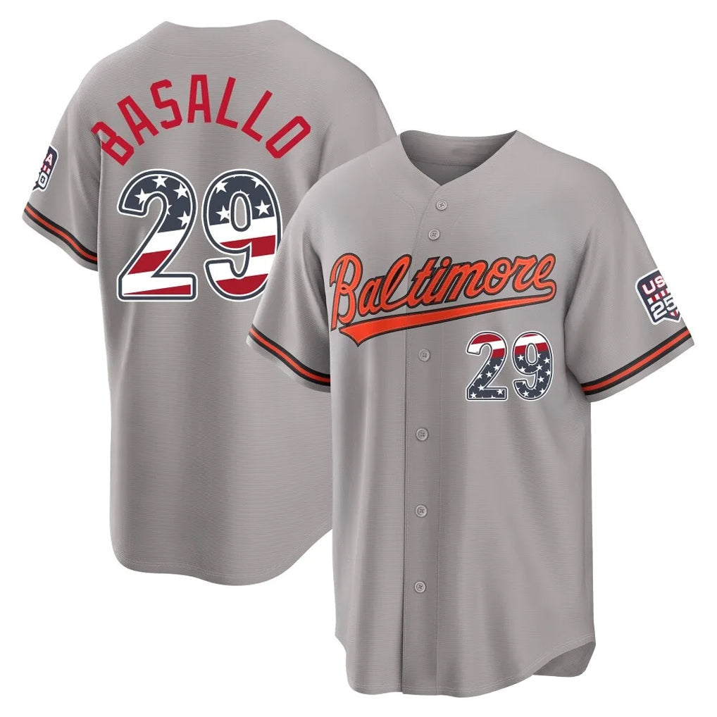 Odoa B.Orioles #29 Samuel Basallo Player Gray USA 250 Fourth of July Home Game Stitched Jerseys