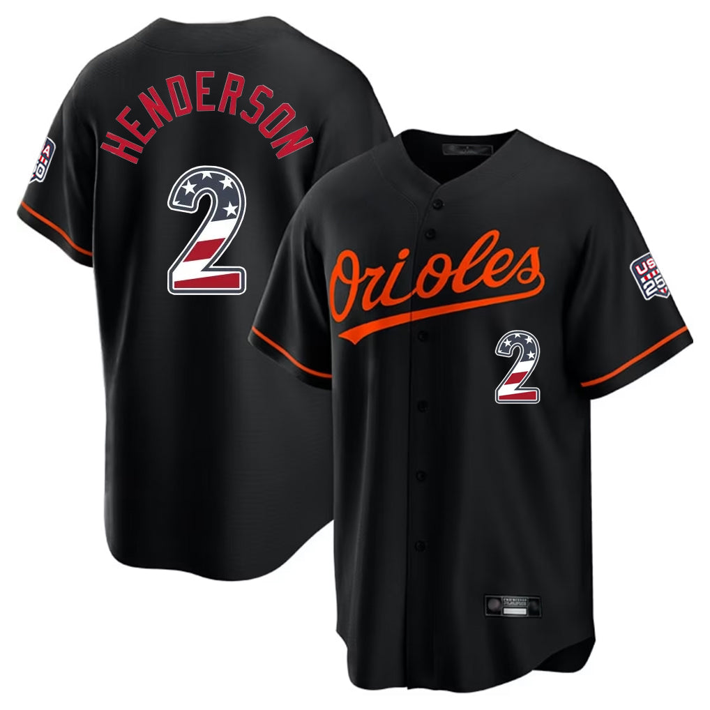 Odoa B.Orioles #2 Gunnar Henderson Player Black USA 250 Fourth of July Home Game Stitched Jerseys