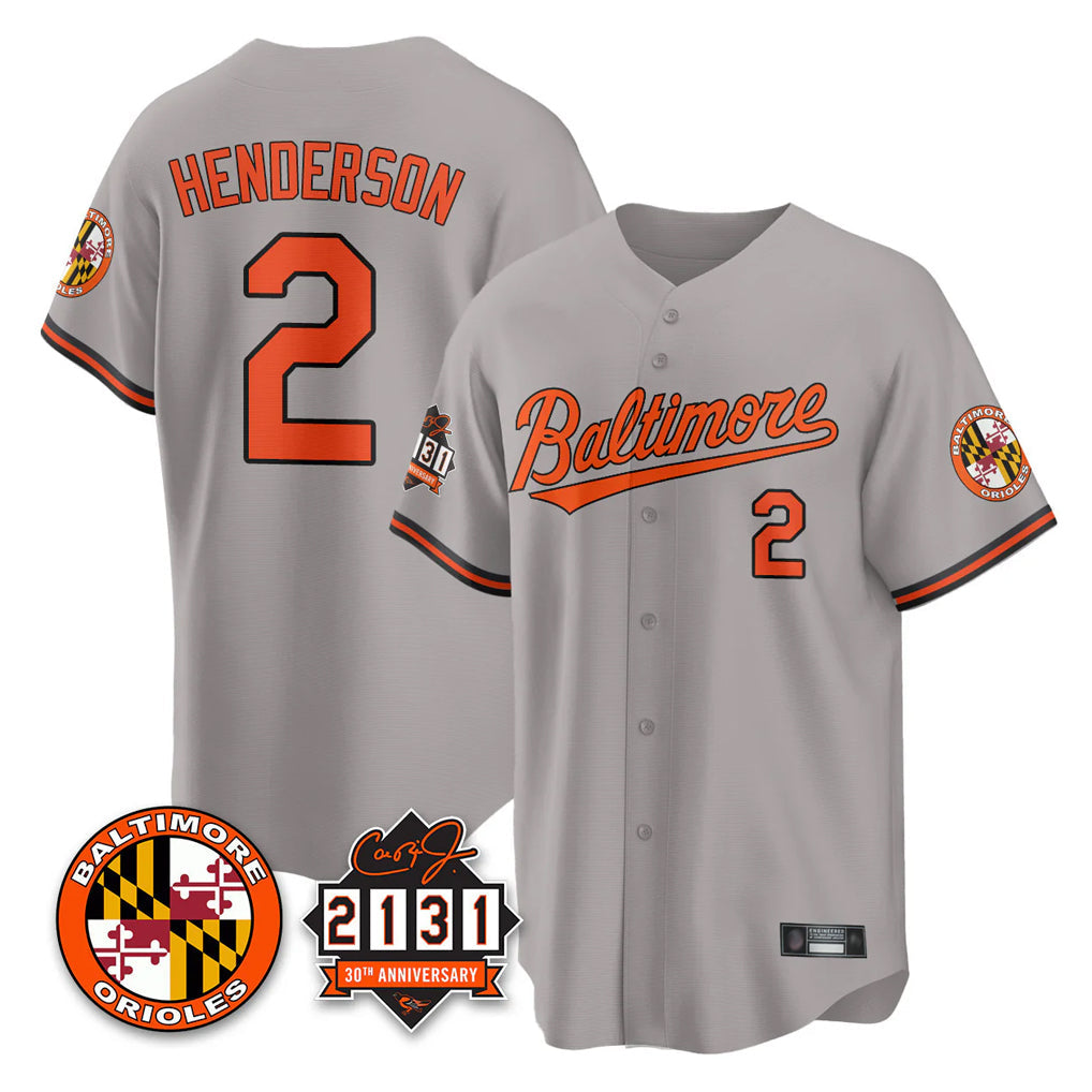 Odoa B.Orioles #2 Gunnar Henderson Player Gray 30th Anniversary of 2131 Home Game Stitched Jerseys