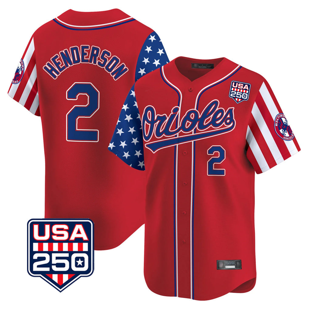 Odoa B.Orioles #2 Gunnar Henderson Player Red USA 250 Independence Day Vapor Premier Limited Home Game Stitched Jerseys