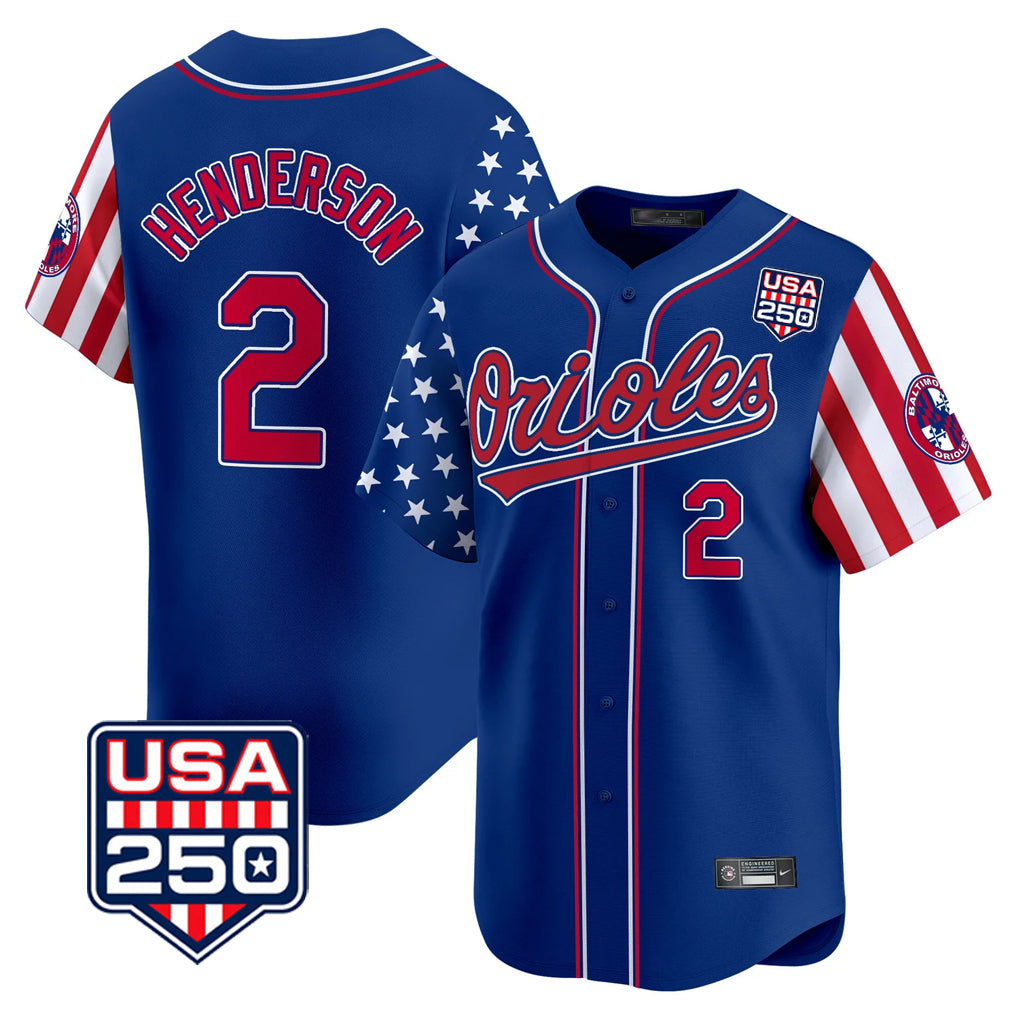 Odoa B.Orioles #2 Gunnar Henderson Player Royal USA 250 Independence Day Vapor Premier Limited Home Game Stitched Jerseys