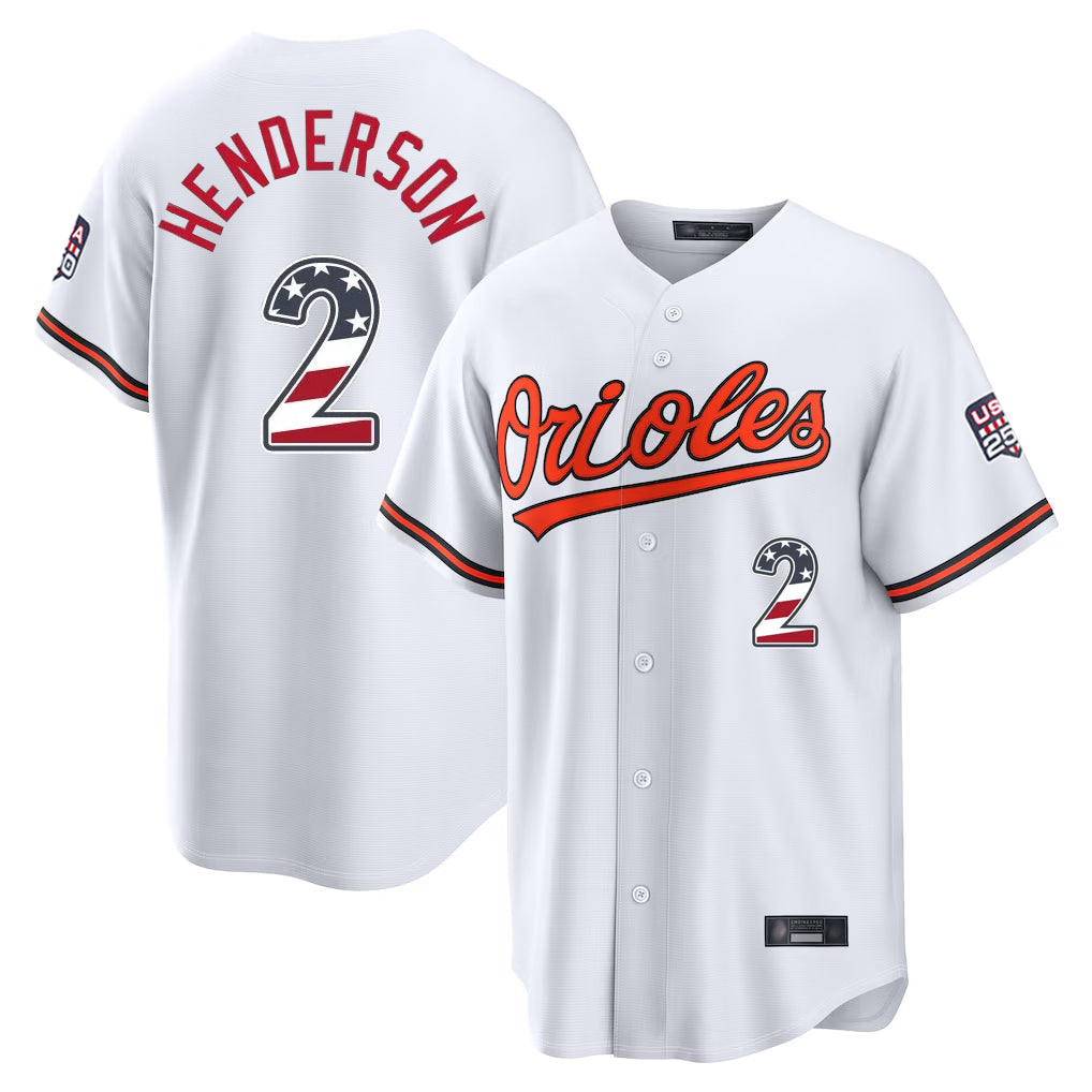 Odoa B.Orioles #2 Gunnar Henderson Player White USA 250 Fourth of July Home Game Stitched Jerseys