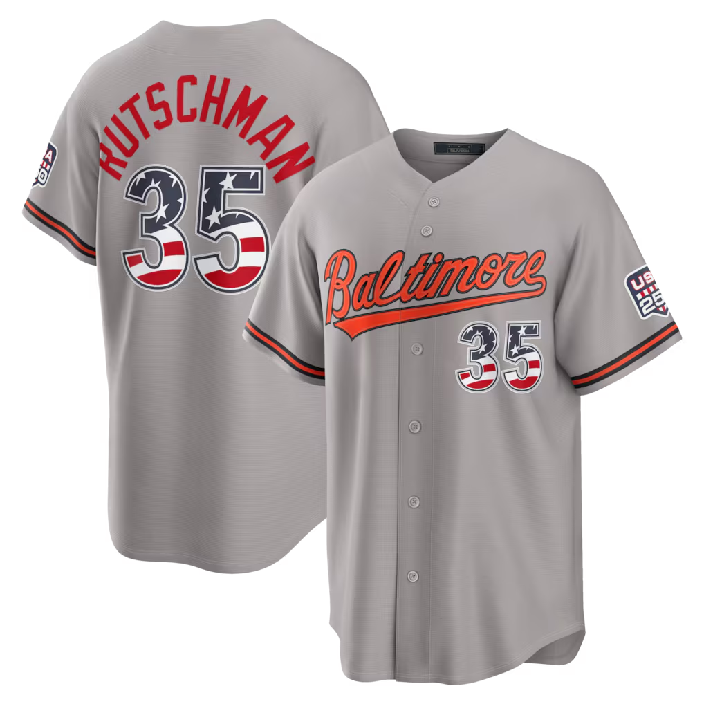 Odoa B.Orioles #35 Adley Rutschman Gray USA 250 Fourth of July Road Stadium Jersey