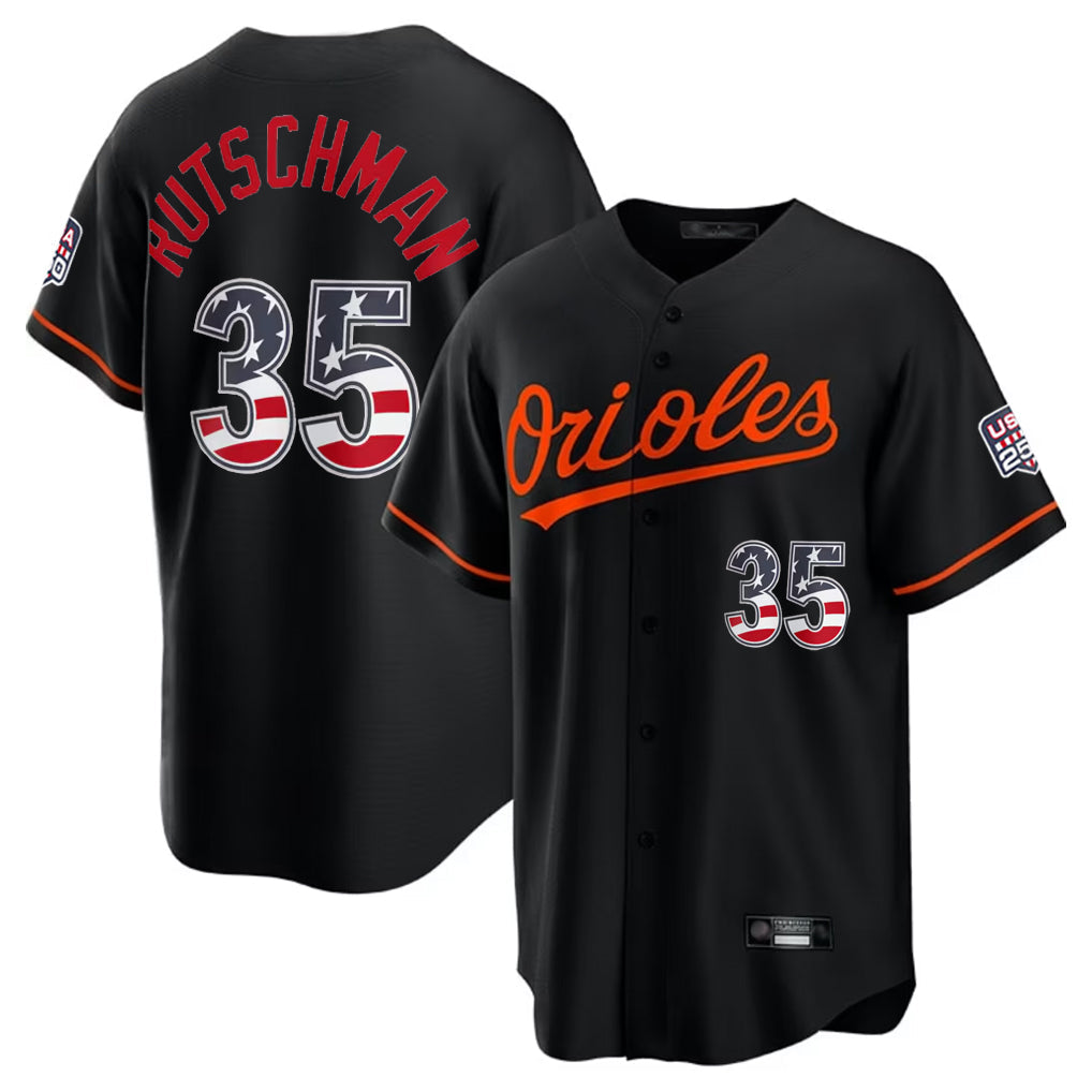 Odoa B.Orioles #35 Adley Rutschman Player Black USA 250 Fourth of July Home Game Stitched Jerseys
