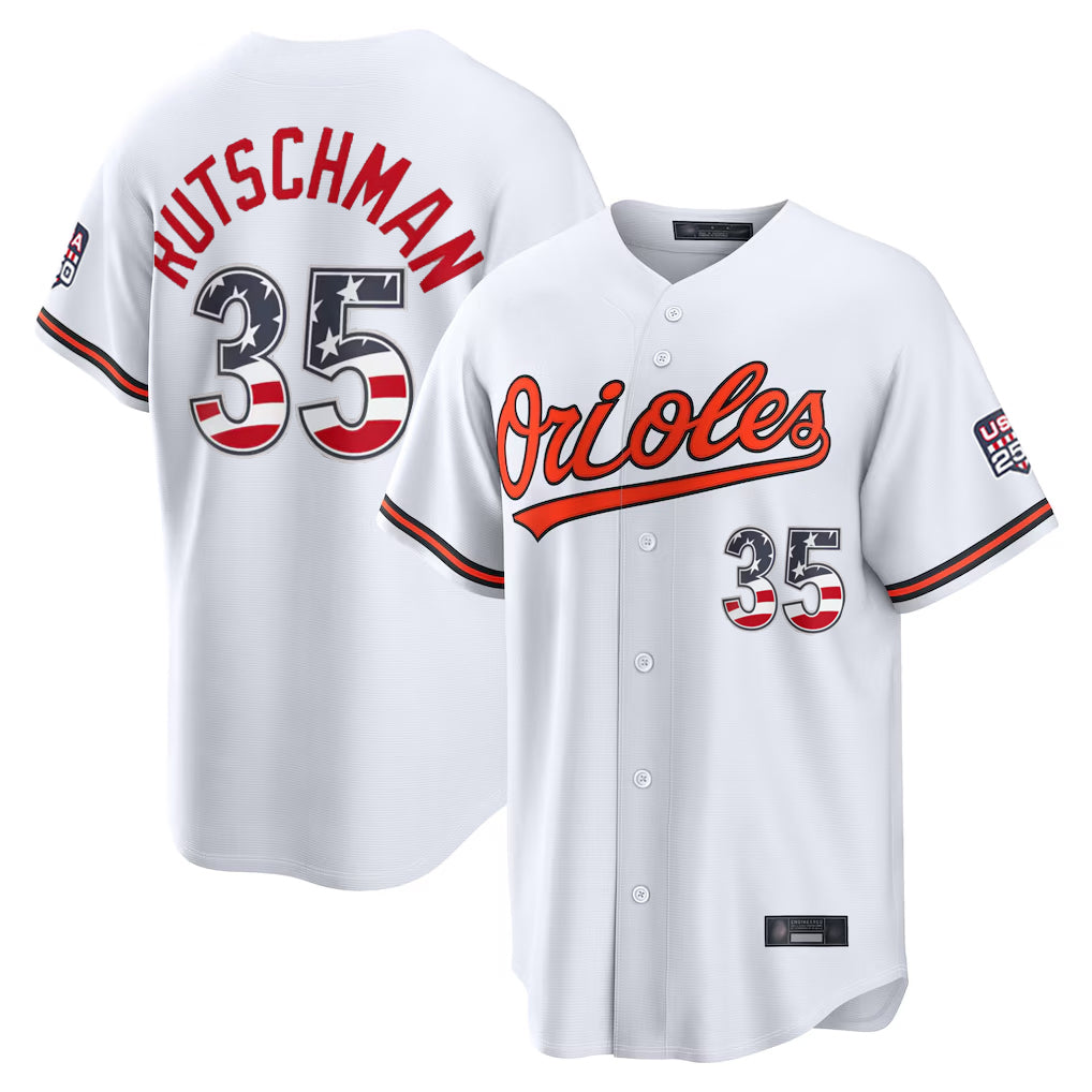 Odoa B.Orioles #35 Adley Rutschman White USA 250 Fourth of July Home Game Stitched Jerseys