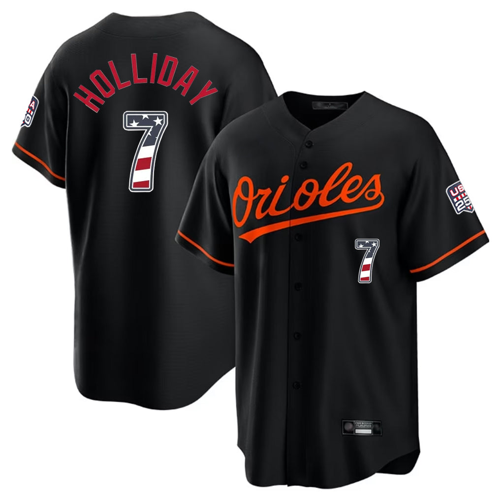 Odoa B.Orioles #7 Jackson Holliday Player Black USA 250 Fourth of July Home Game Stitched Jerseys