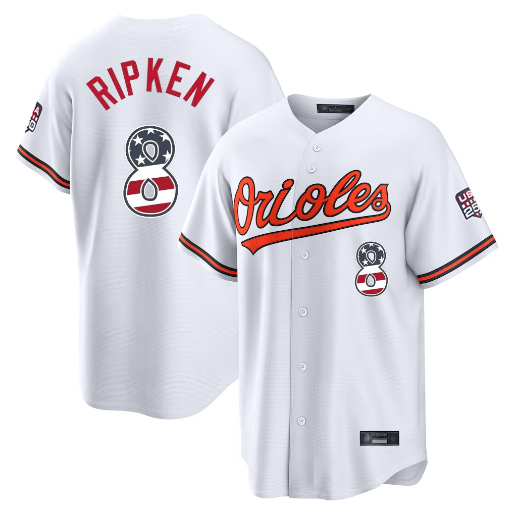 Odoa B.Orioles #8 Cal Ripken Player White USA 250 Fourth of July Home Game Stitched Jerseys
