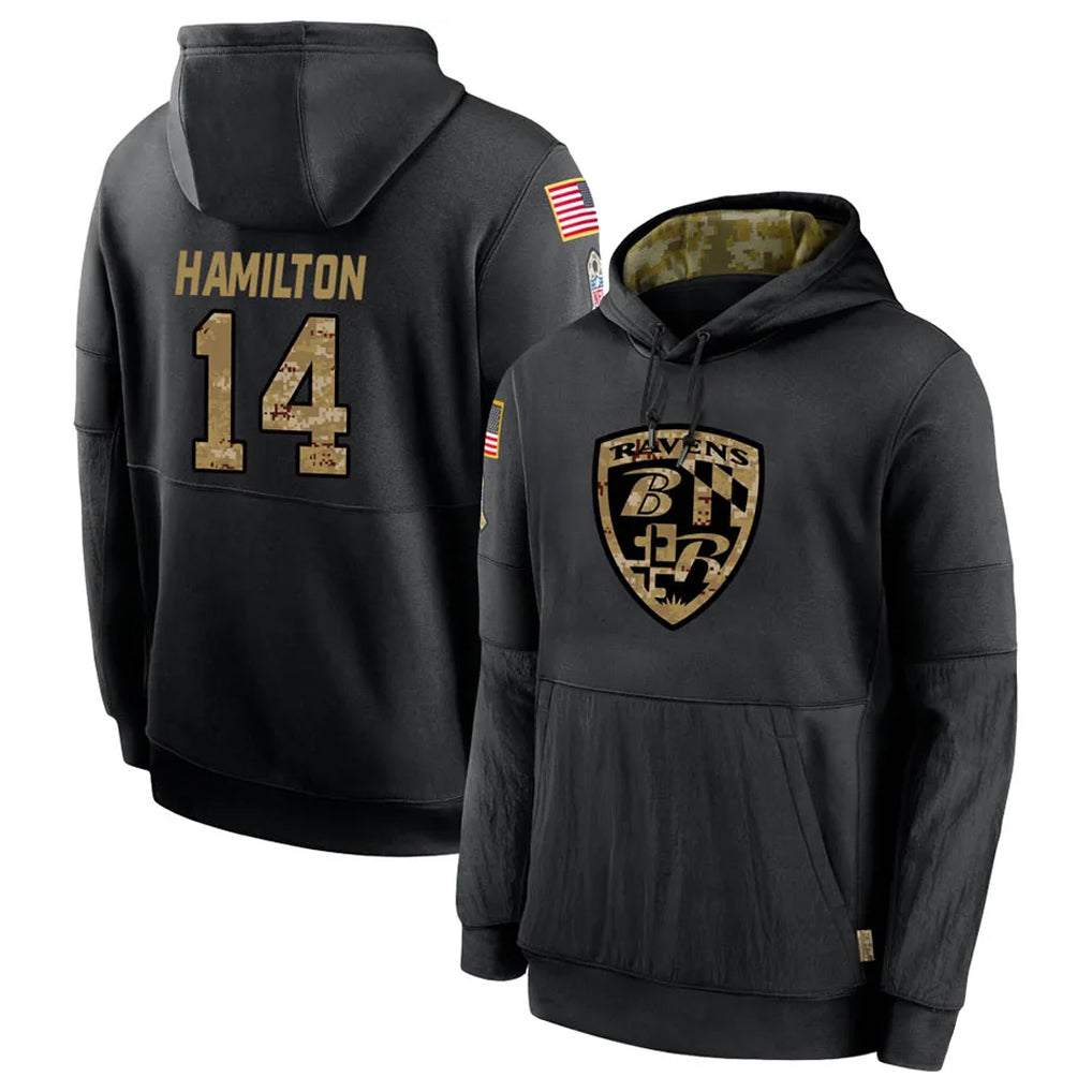 Odoa B.Ravens #14 Kyle Hamilton Player Black Salute to Service Pullover Hoodie Stitched Jerseys
