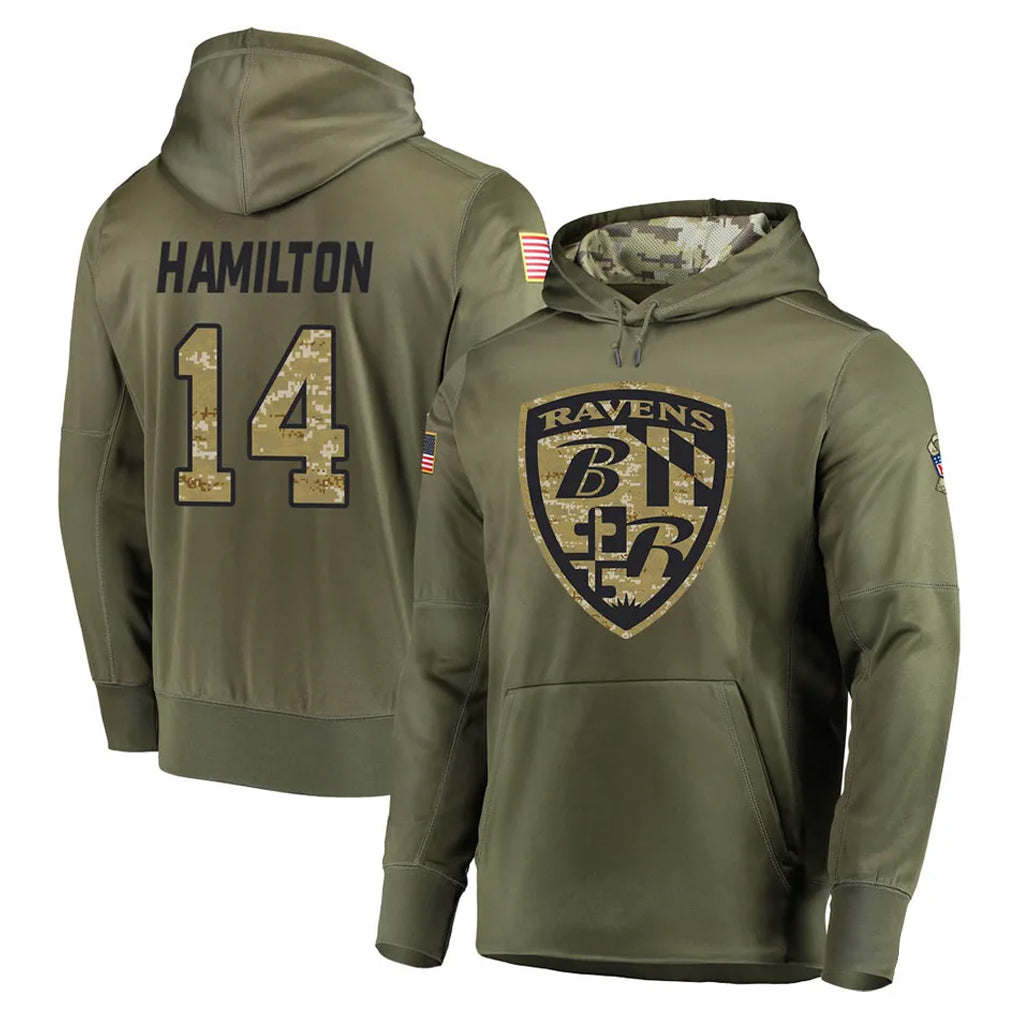 Odoa B.Ravens #14 Kyle Hamilton Player Olive Salute to Service Pullover Hoodie Stitched Jerseys