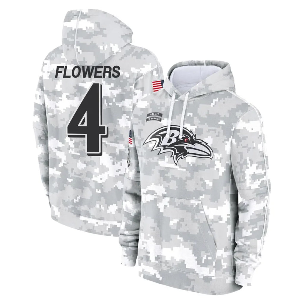 Odoa B.Ravens #4 Zay Flowers Player Arctic Camo Salute to Service Pullover Hoodie Stitched Jerseys