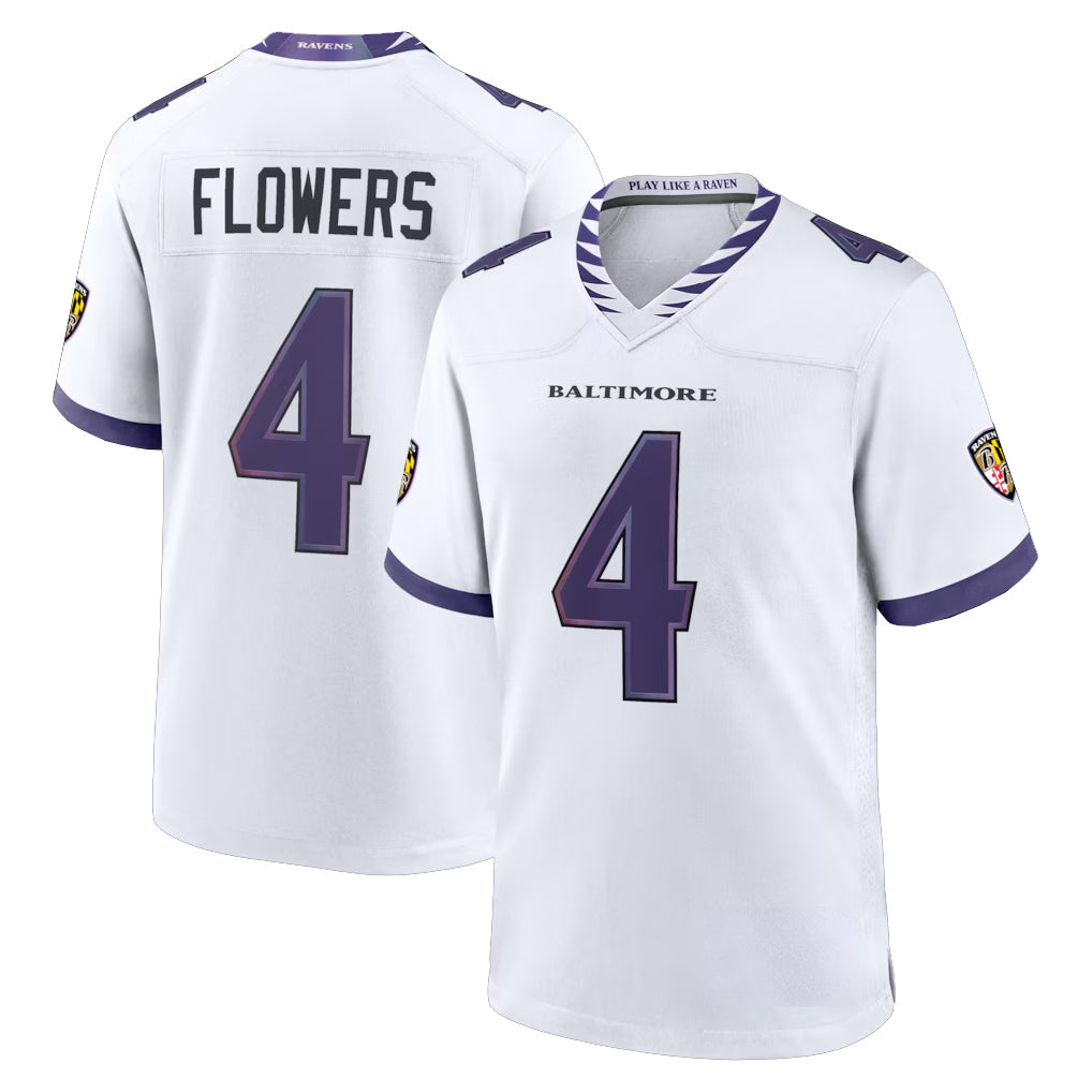 Odoa B.Ravens #4 Zay Flowers Player White Home Game Stitched Jerseys