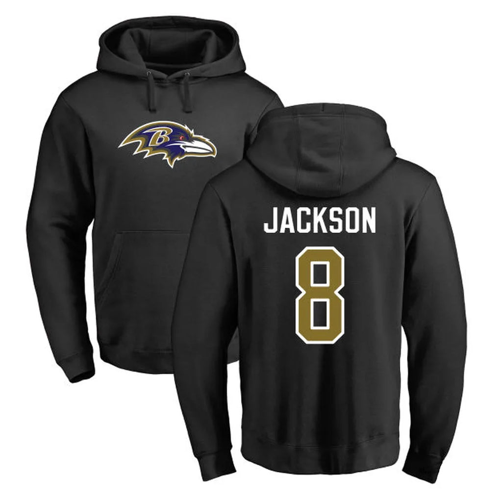 Odoa B.Ravens #8 Lamar Jackson Player Black Pullover Hoodie Stitched Jerseys