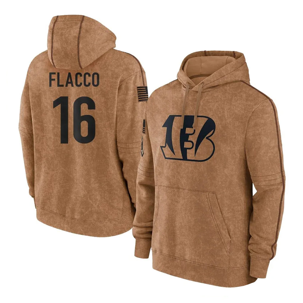Odoa C.Bengals #16 Joe Flacco Player Brown Salute to Service Pullover Hoodie Limited Stitched Jerseys