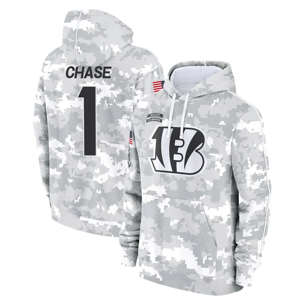 Odoa C.Bengals #1 Ja'Marr Chase Player Arctic Camo Salute to Service Pullover Hoodie Limited Stitched Jerseys