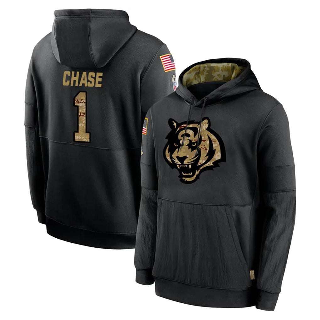 Odoa C.Bengals #1 Ja'Marr Chase Player Black Salute to Service Pullover Hoodies Limited Stitched Jerseys