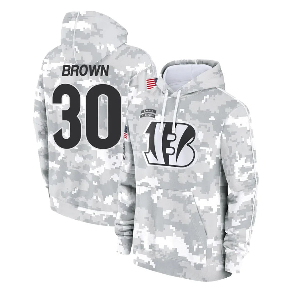 Odoa C.Bengals #30 Chase Brown Player Arctic Camo Salute to Service Pullover Hoodie Limited Stitched Jerseys