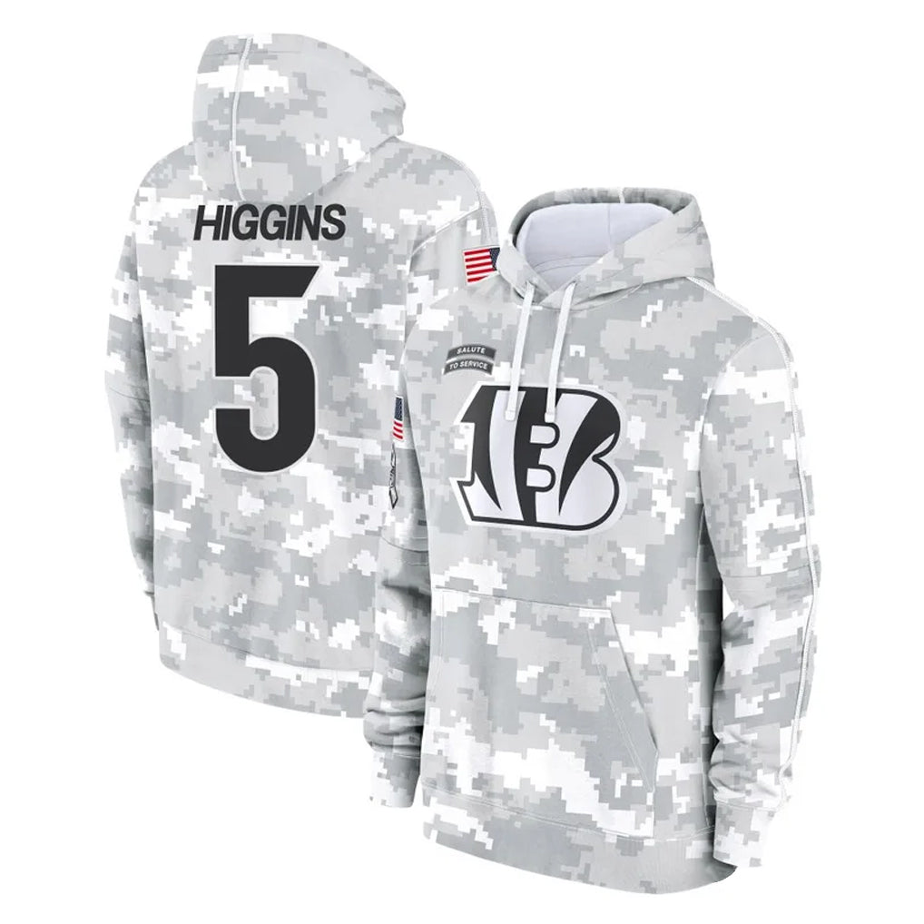Odoa C.Bengals #5 Tee Higgins Player Arctic Camo Salute to Service Pullover Hoodie Limited Stitched Jerseys