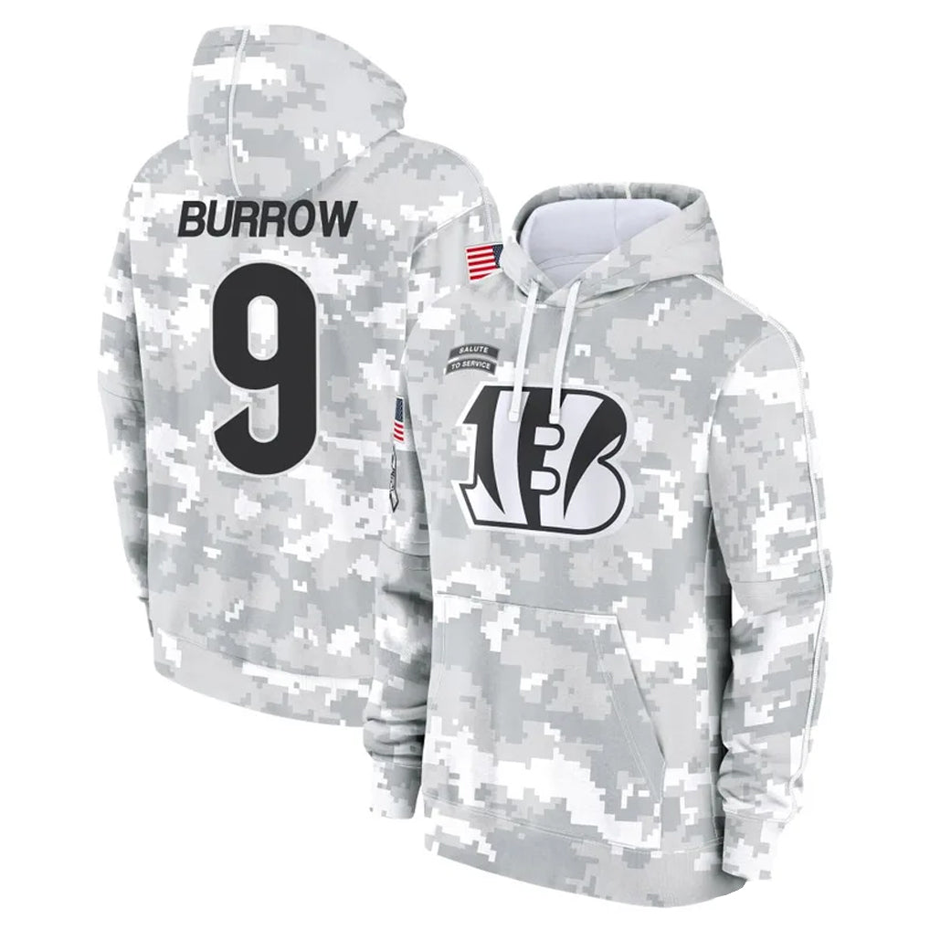 Odoa C.Bengals #9 Joe Burrow Player Arctic Camo Salute to Service Pullover Hoodie Stitched Jerseys