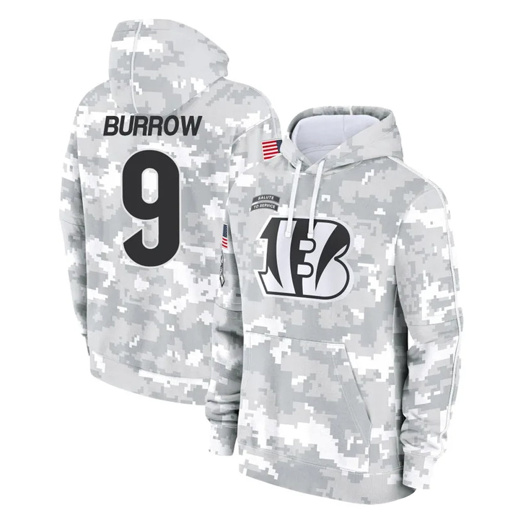 Odoa C.Bengals #9 Joe Burrow Player Arctic Camo Salute to Service Pullover Hoodie Limited Stitched Jerseys