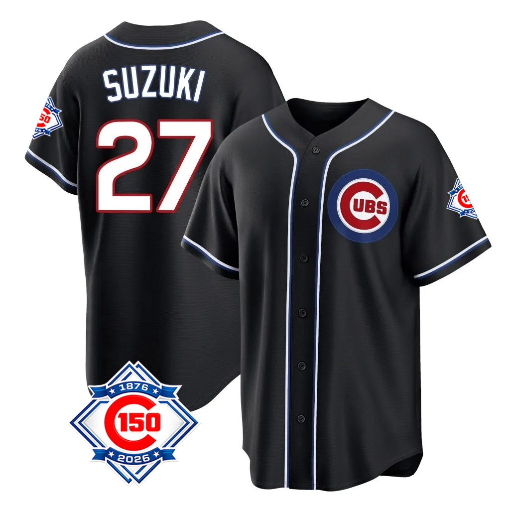 Odoa C.Cubs #27 Seiya Suzuki Player Black Fashion Out 150th Anniversary Game Stitched Jerseys