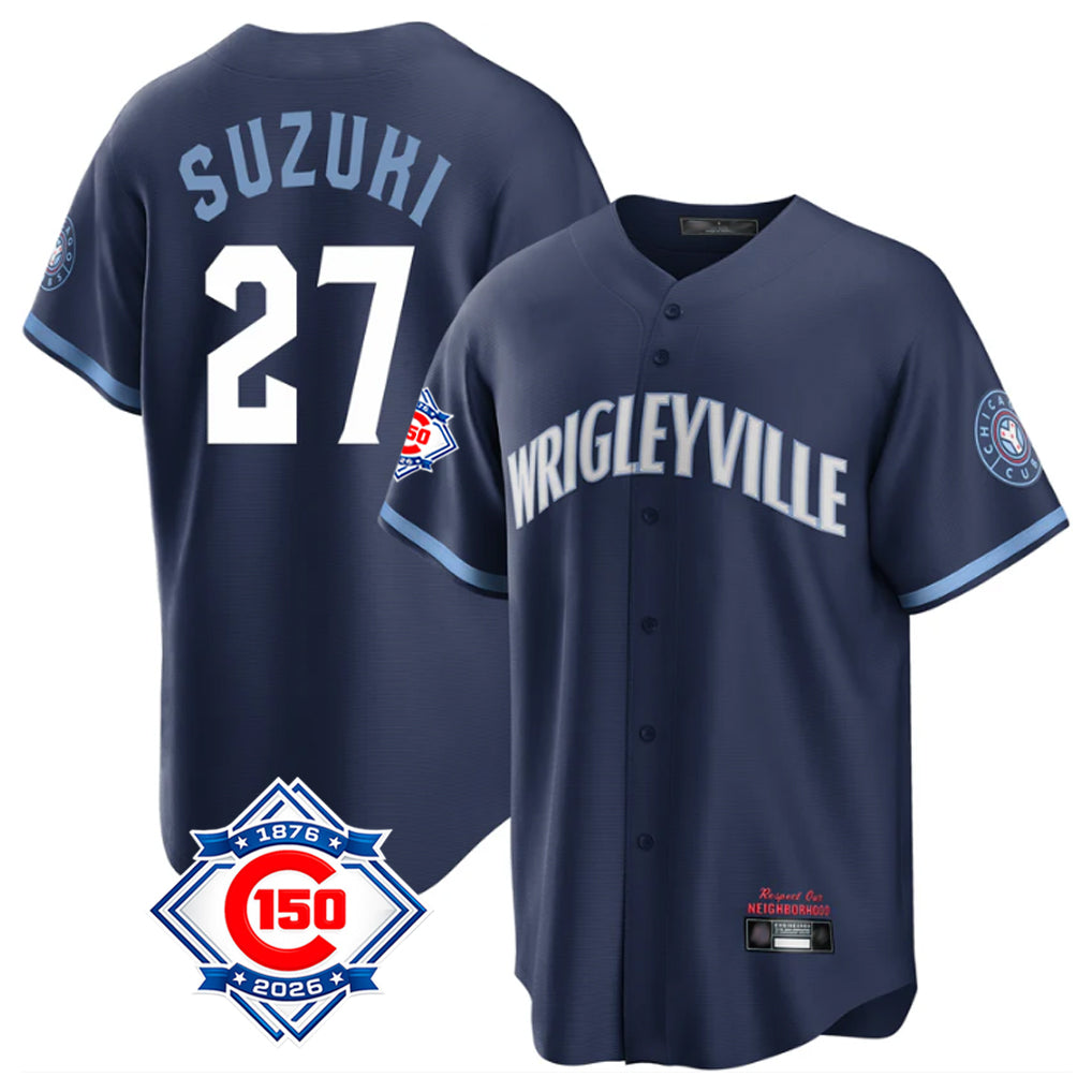Odoa C.Cubs #27 Seiya Suzuki Player Navy 150th Anniversary City Connect Home Game Stitched Jerseys