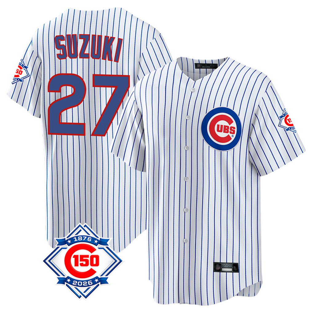 Odoa C.Cubs #27 Seiya Suzuki Player White 150th Anniversary Home Game Stitched Jerseys