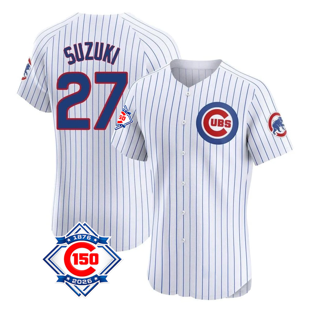 Odoa C.Cubs #27 Seiya Suzuki Player White 150th Anniversary Limited Elite Home Game Stitched Jerseys