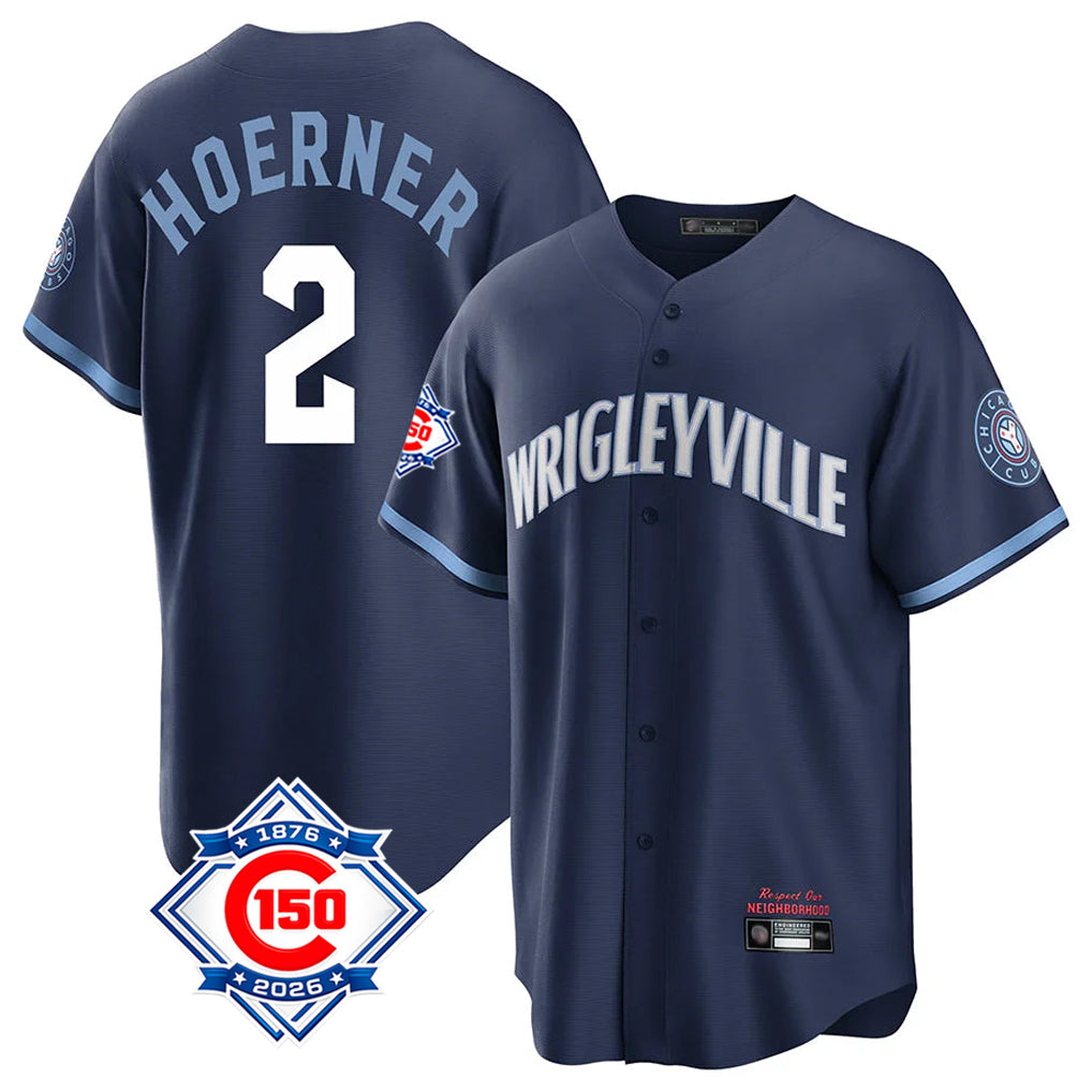 Odoa C.Cubs #2 Nico Hoerner Player Navy 150th Anniversary City Connect Home Game Stitched Jerseys