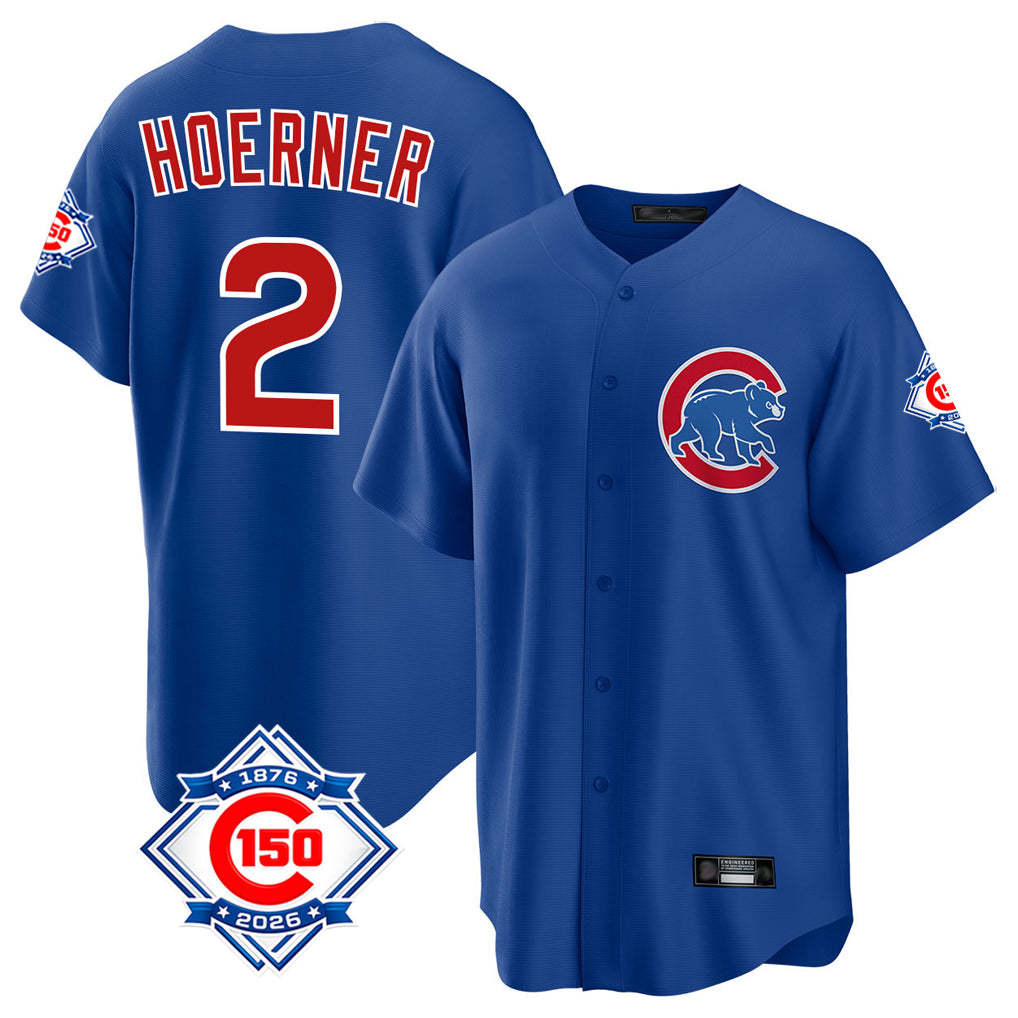 Odoa C.Cubs #2 Nico Hoerner Player Royal 150th Anniversary Home Game Stitched Jerseys