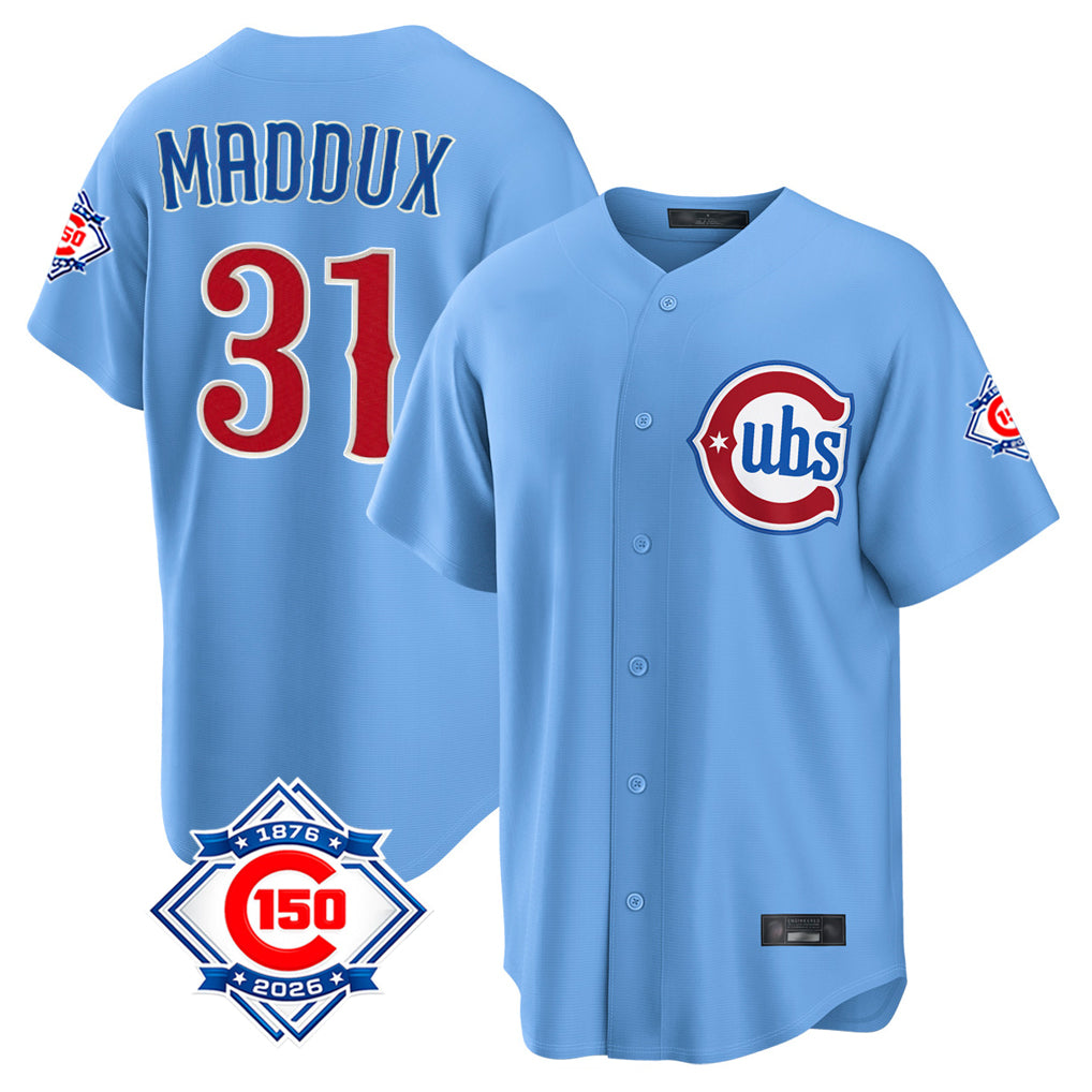 Odoa C.Cubs #31 Greg Maddux Player Light Blue 150th Anniversary Home Game Stitched Jerseys