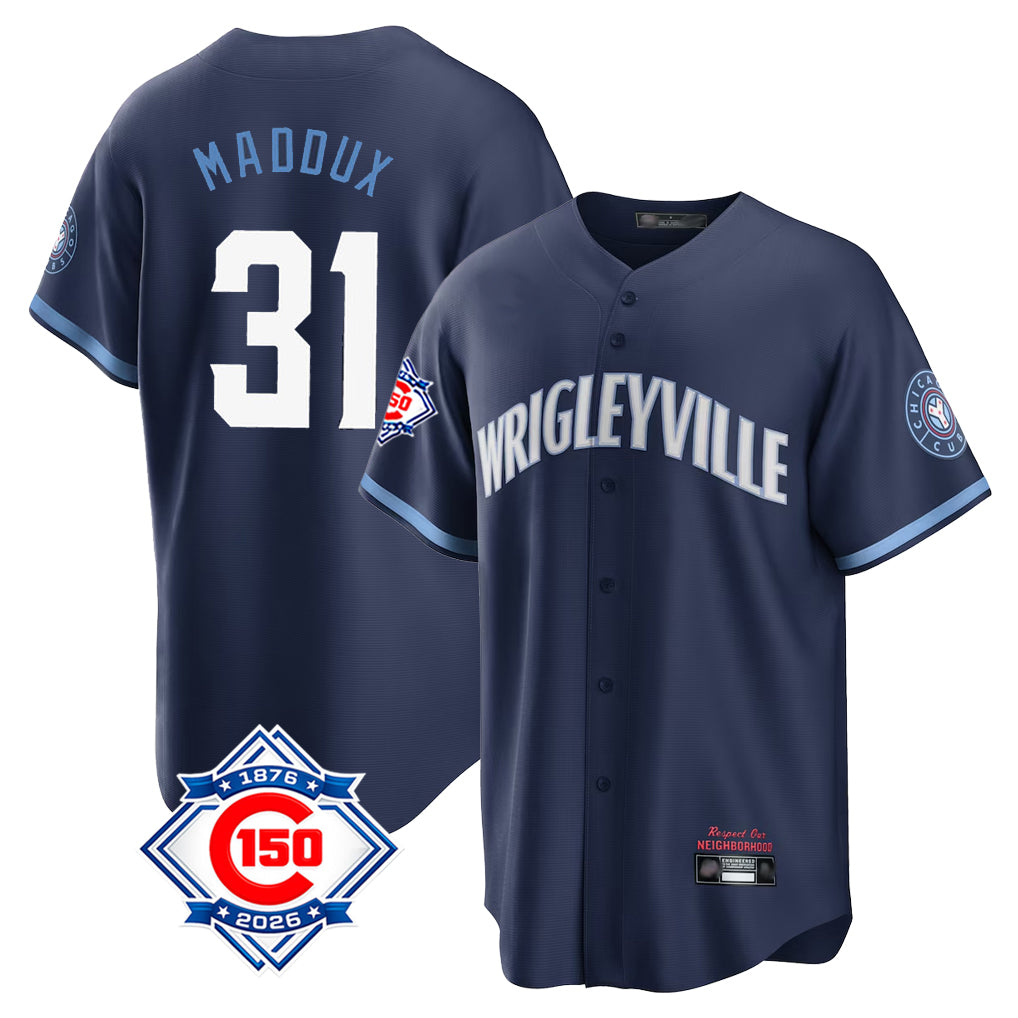 Odoa C.Cubs #31 Greg Maddux Player Navy 150th Anniversary City Connect Home Game Stitched Jerseys