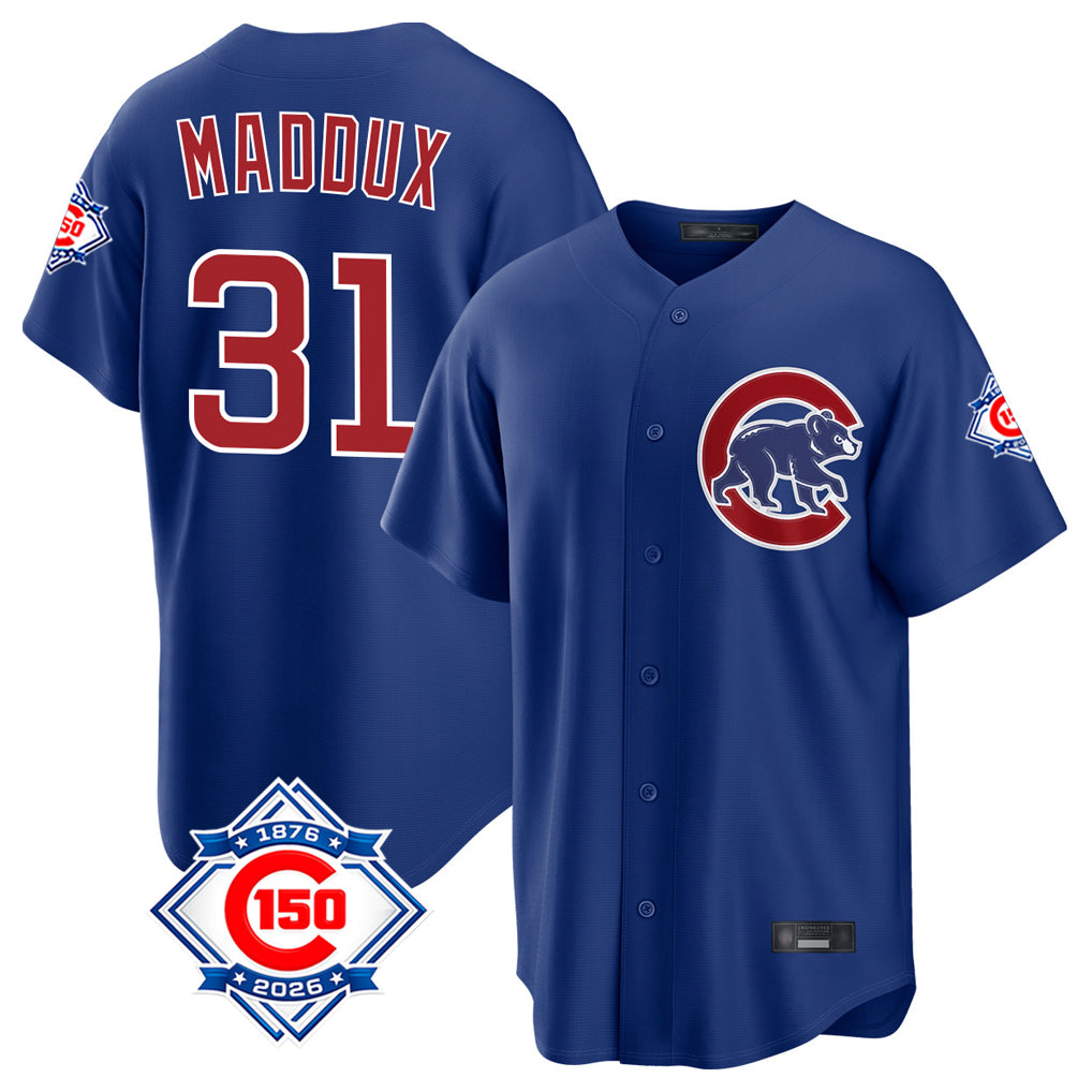 Odoa C.Cubs #31 Greg Maddux Player Royal 150th Anniversary Home Game Stitched Jerseys