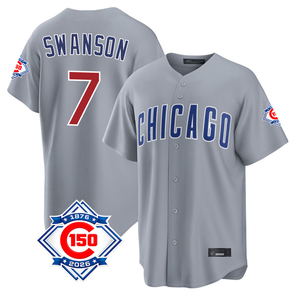 Odoa C.Cubs #7 Dansby Swanson Player Gray 150th Anniversary Home Game Stitched Jerseys
