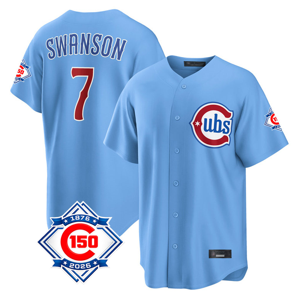 Odoa C.Cubs #7 Dansby Swanson Player Light Blue 150th Anniversary Home Game Stitched Jerseys