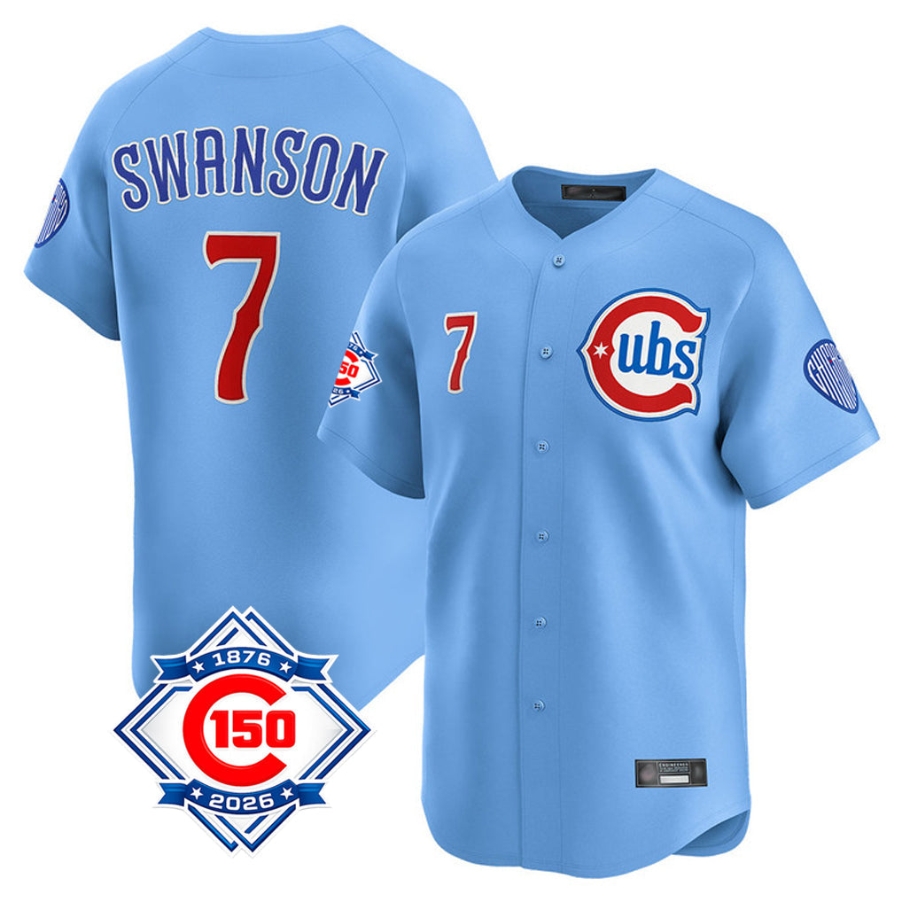 Odoa C.Cubs #7 Dansby Swanson Player Light Blue 150th Anniversary Limited Home Stitched Jerseys