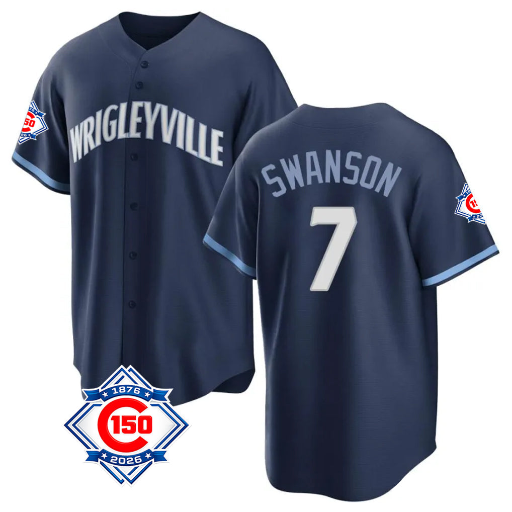 Odoa C.Cubs #7 Dansby Swanson Player Navy 150th Anniversary City Connect Home Game Stitched Jerseys
