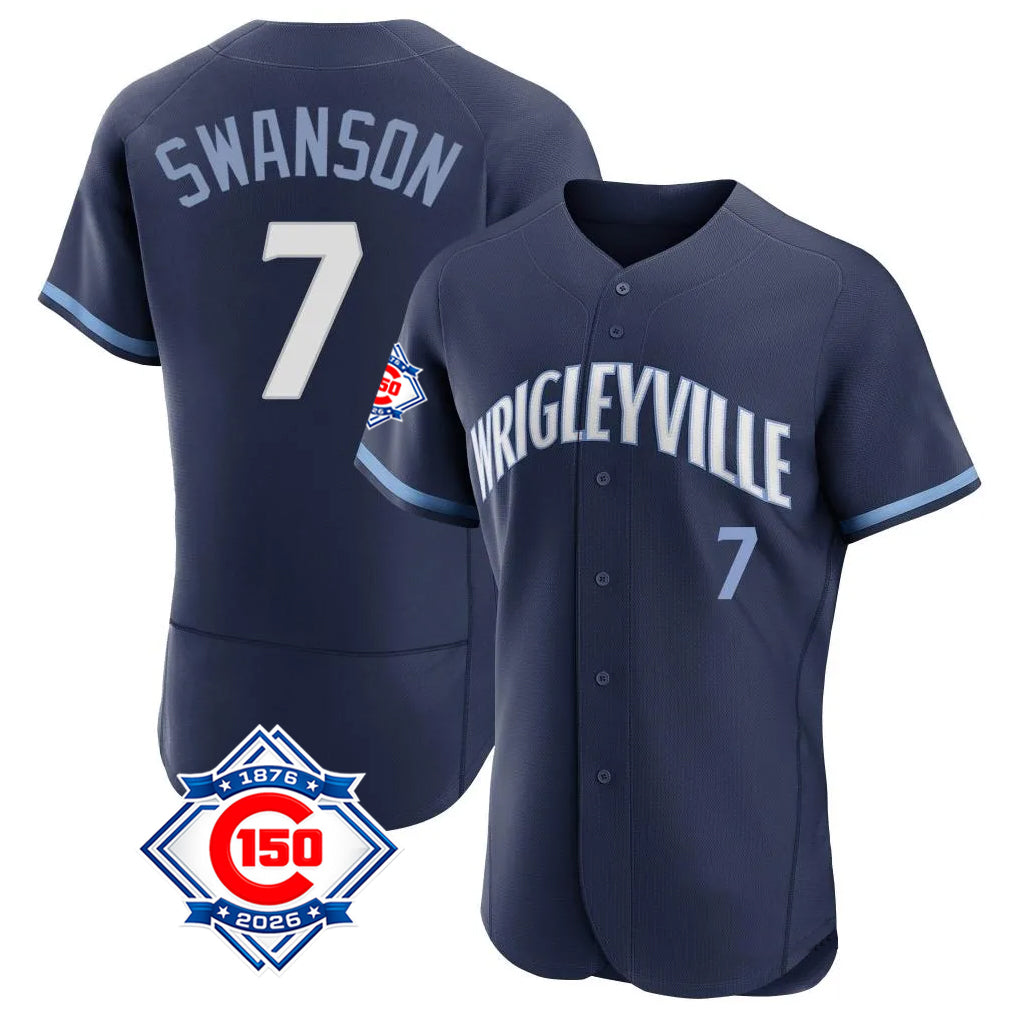Odoa C.Cubs #7 Dansby Swanson Player Navy City Connect 150th Anniversary Limited Elite Home Stitched Jerseys