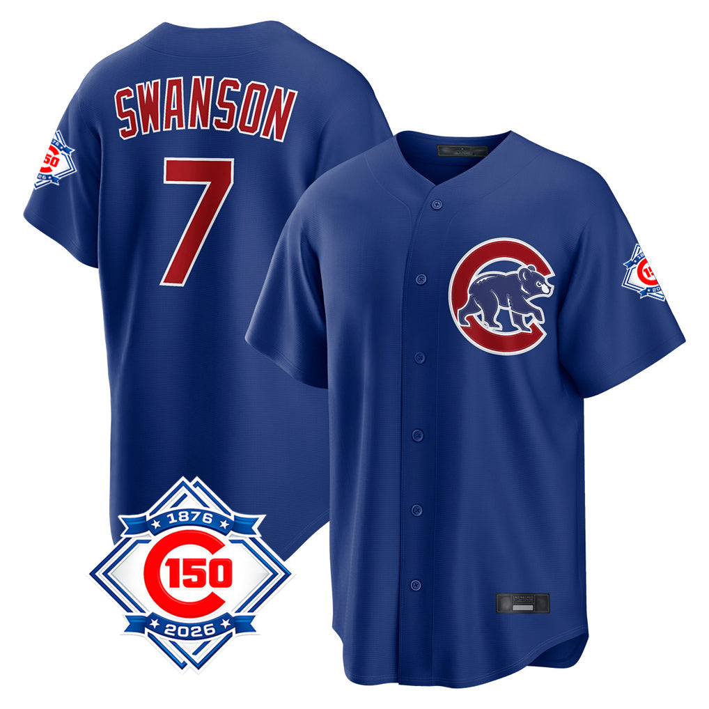 Odoa C.Cubs #7 Dansby Swanson Player Royal 150th Anniversary Home Game Stitched Jerseys