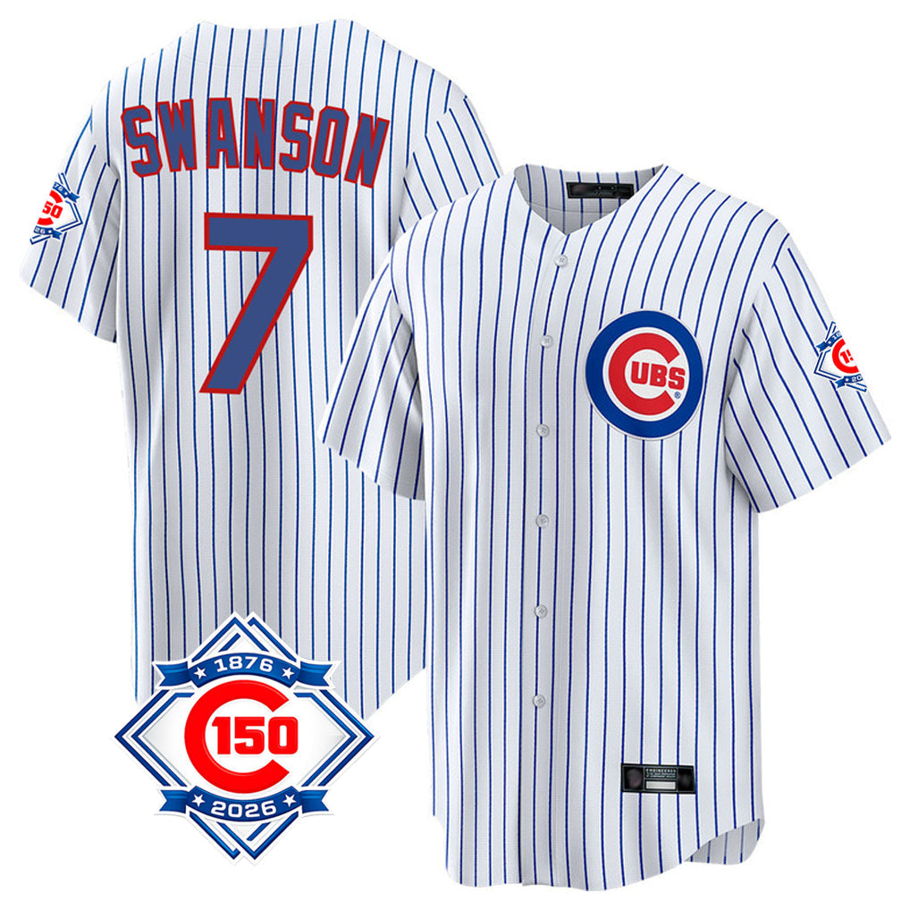 Odoa C.Cubs #7 Dansby Swanson Player White 150th Anniversary Home Game Stitched Jerseys