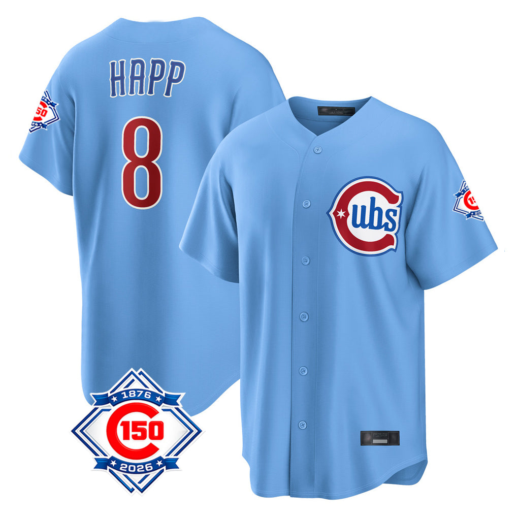 Odoa C.Cubs #8 Ian Happ Player Light Blue 150th Anniversary Home Game Stitched Jerseys