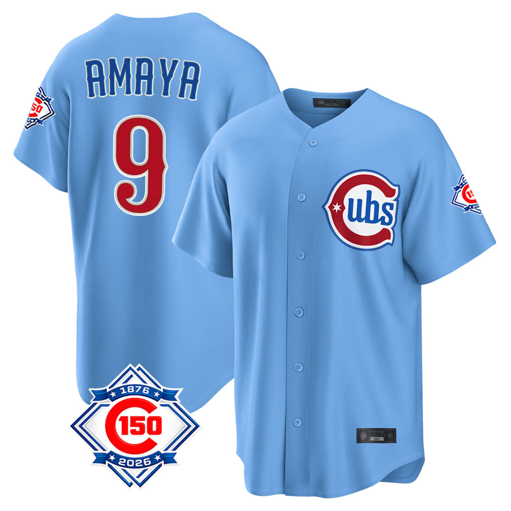 Odoa C.Cubs #9 Miguel Amaya Player Light Blue 150th Anniversary Home Game Stitched Jerseys