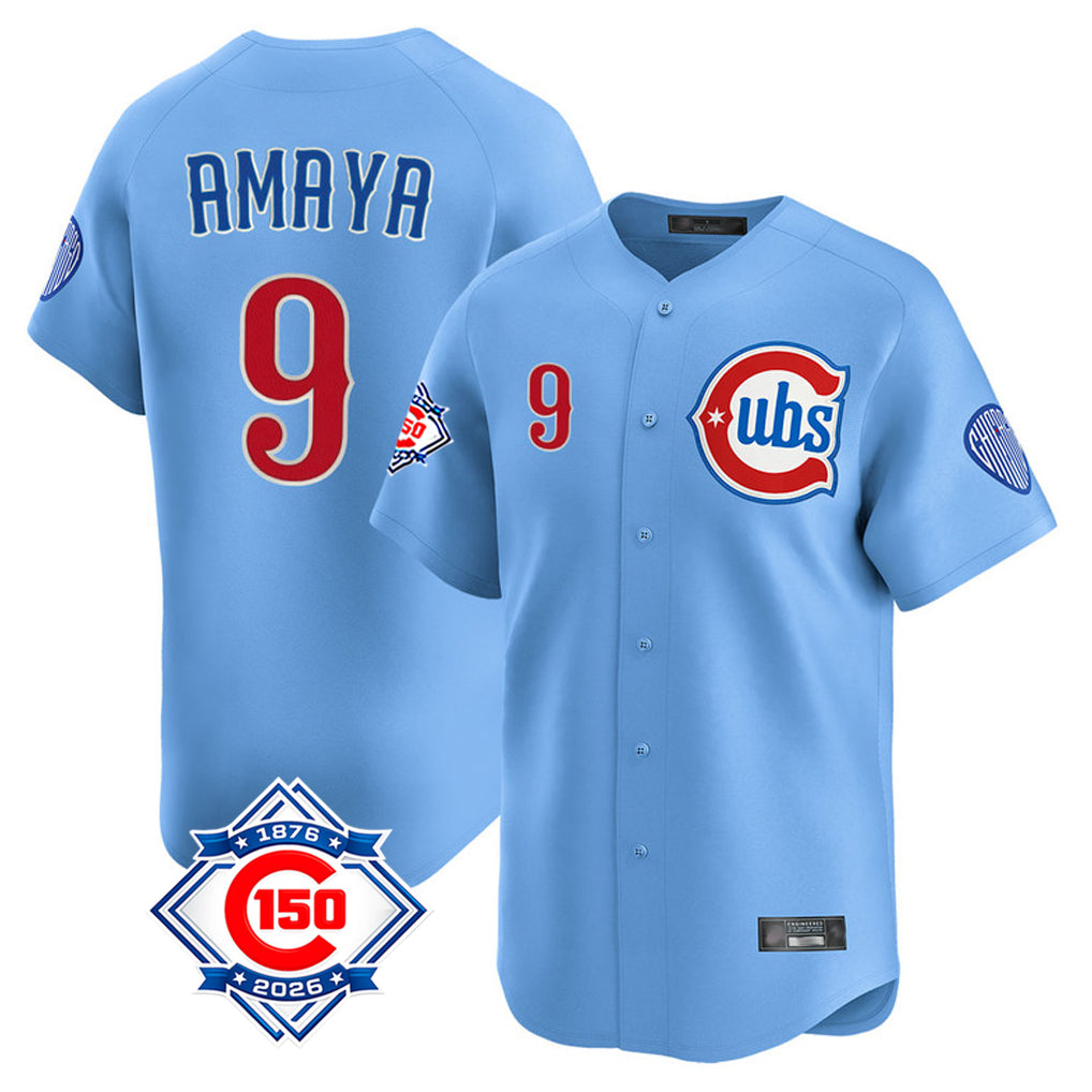 Odoa C.Cubs #9 Miguel Amaya Player Light Blue 150th Anniversary Limited Home Stitched Jerseys