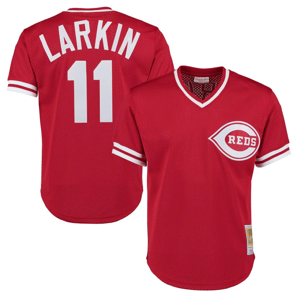 Odoa C.Reds #11 Barry Larkin Player Mitchell & Ness Red Throwback Cooperstown Mesh T-shirt Game Stitched Jerseys
