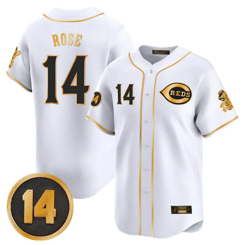 Odoa C.Reds #14 Pete Rose Player White-Gold Vapor Premier Limited Home Stitched Jerseys