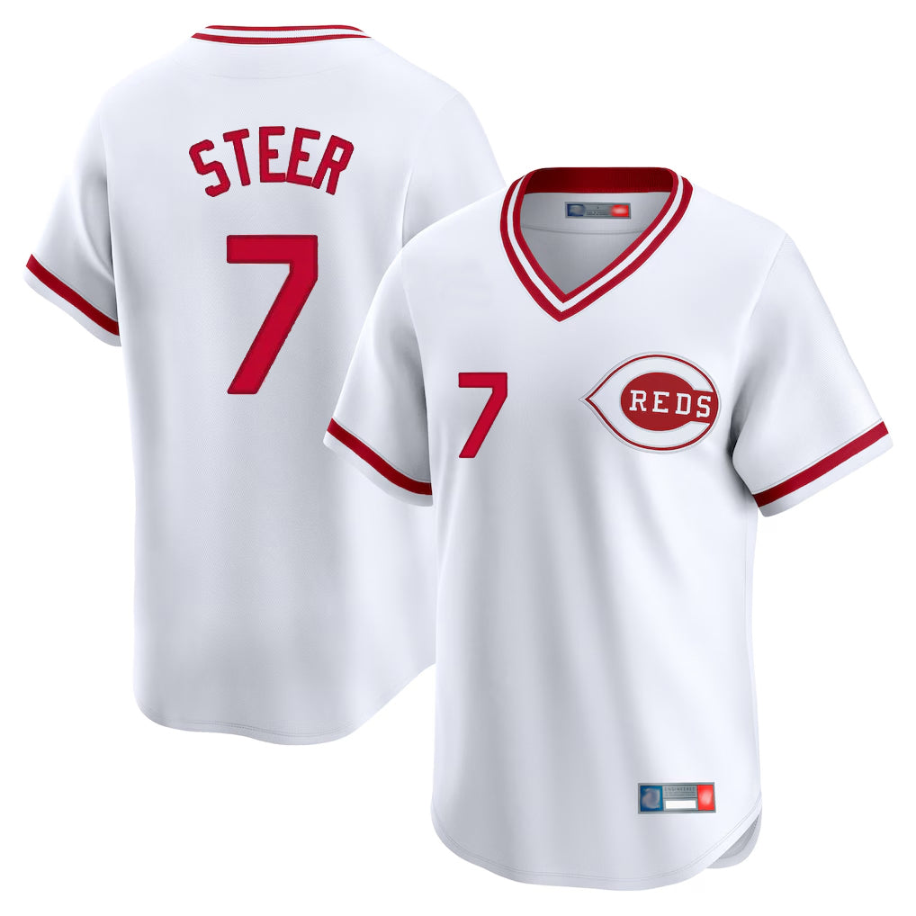 Odoa C.Reds #7 Spencer Steer Player White Cooperstown Collection Limited T-shirt Home Stitched Jerseys