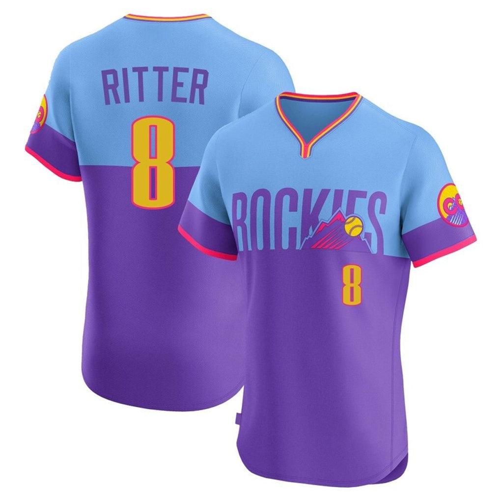 Odoa C.Rockies #8 Ryan Ritter Player Purple-Light Blue City Connect Limited Elite Home T-shirt Stitched Jerseys
