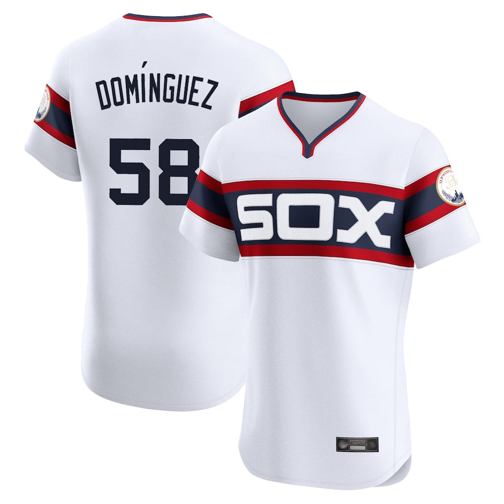 Odoa C.White Sox #58 Seranthony Dom¡§anguez Player White T-shirt Limited Elite Home Stitched Jerseys