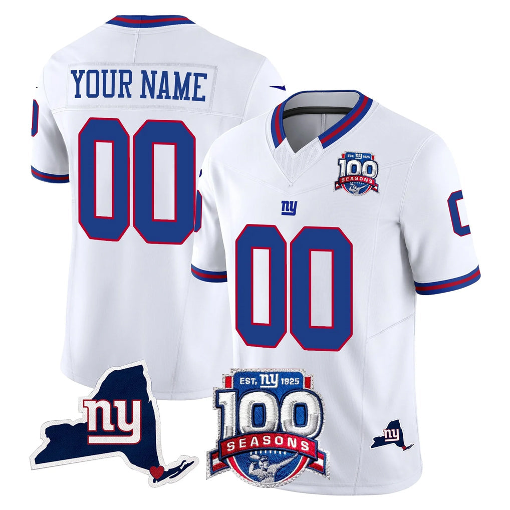 Odoa Custom NY.Giants White 100th Season & State Patch Vapor Limited Home Game Any Name & Numbers Stitched Jerseys